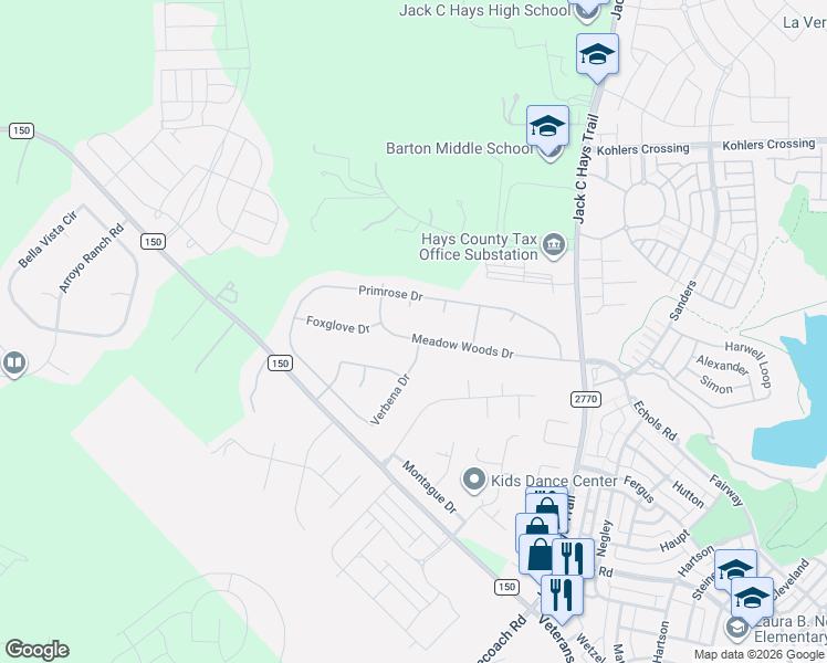 map of restaurants, bars, coffee shops, grocery stores, and more near 209 Meadow Woods Drive in Kyle