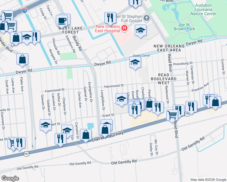 map of restaurants, bars, coffee shops, grocery stores, and more near 55117 Perrault in New Orleans