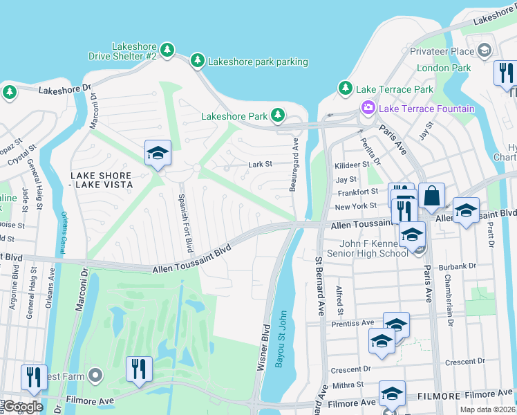 map of restaurants, bars, coffee shops, grocery stores, and more near 1171 Robert E Lee Boulevard in New Orleans