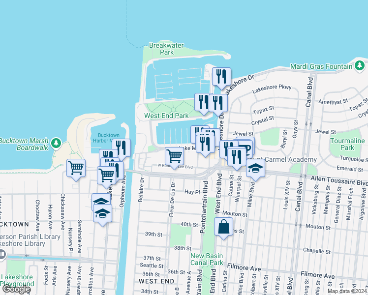 map of restaurants, bars, coffee shops, grocery stores, and more near 251 West Robert E Lee Boulevard in New Orleans