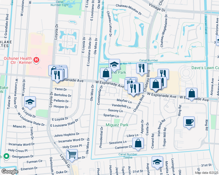 map of restaurants, bars, coffee shops, grocery stores, and more near 242 Avant Garde Circle in Kenner
