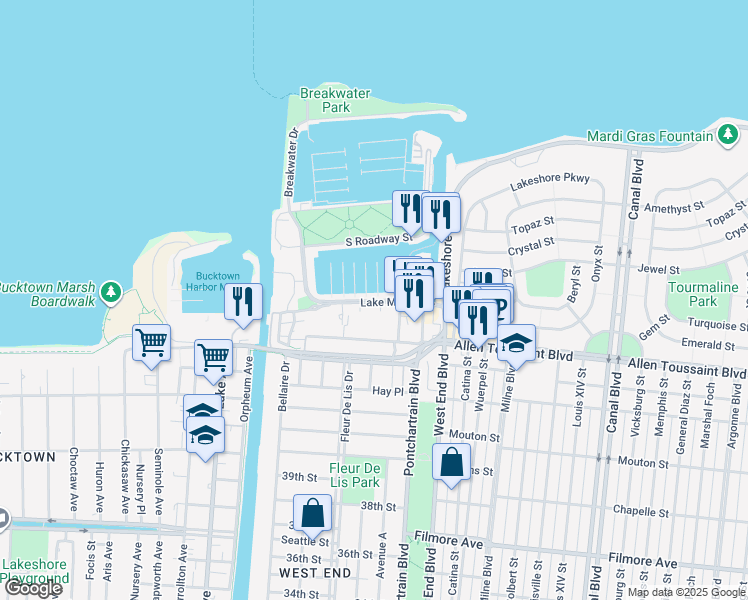 map of restaurants, bars, coffee shops, grocery stores, and more near Lake Marina Drive in New Orleans