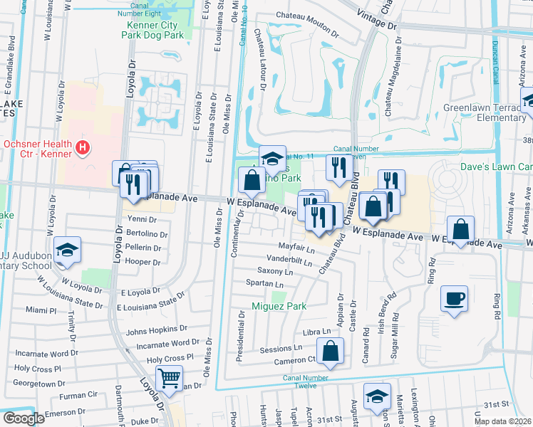 map of restaurants, bars, coffee shops, grocery stores, and more near 600 West Esplanade Avenue in Kenner