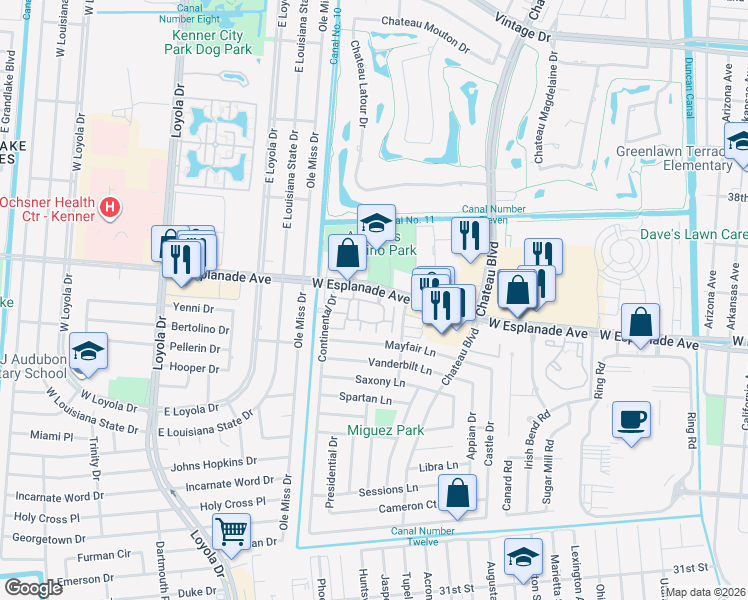 map of restaurants, bars, coffee shops, grocery stores, and more near 600 West Esplanade Avenue in Kenner