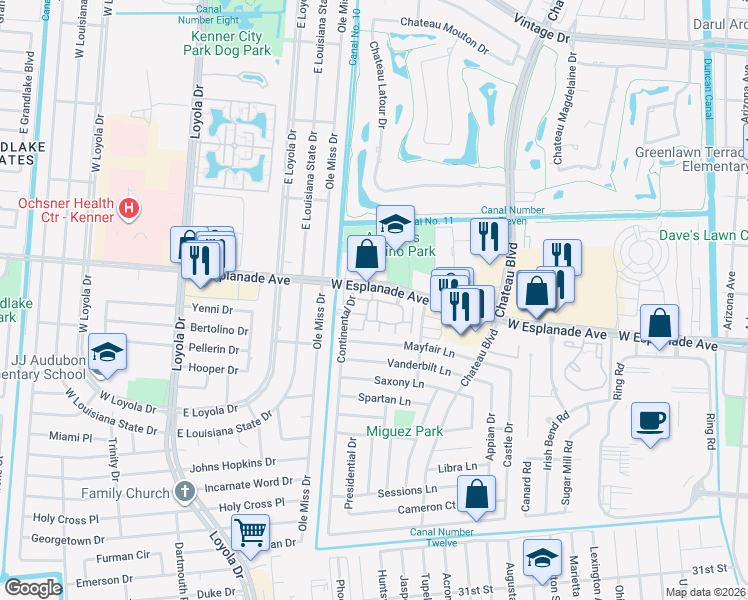 map of restaurants, bars, coffee shops, grocery stores, and more near 600 West Esplanade Avenue in Kenner