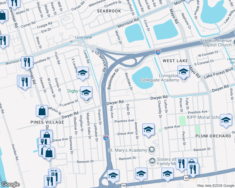 map of restaurants, bars, coffee shops, grocery stores, and more near 6587 Harbourview Drive in New Orleans