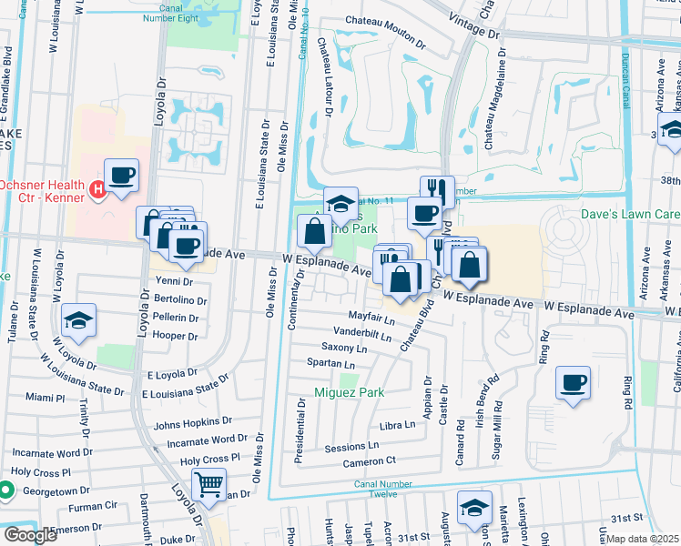 map of restaurants, bars, coffee shops, grocery stores, and more near 600 West Esplanade Avenue in Kenner