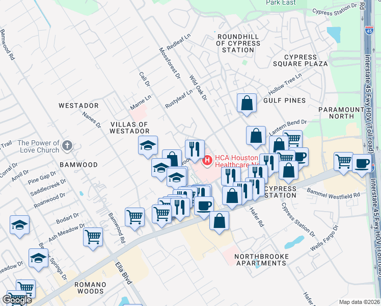 map of restaurants, bars, coffee shops, grocery stores, and more near 800 Peakwood Drive in Houston