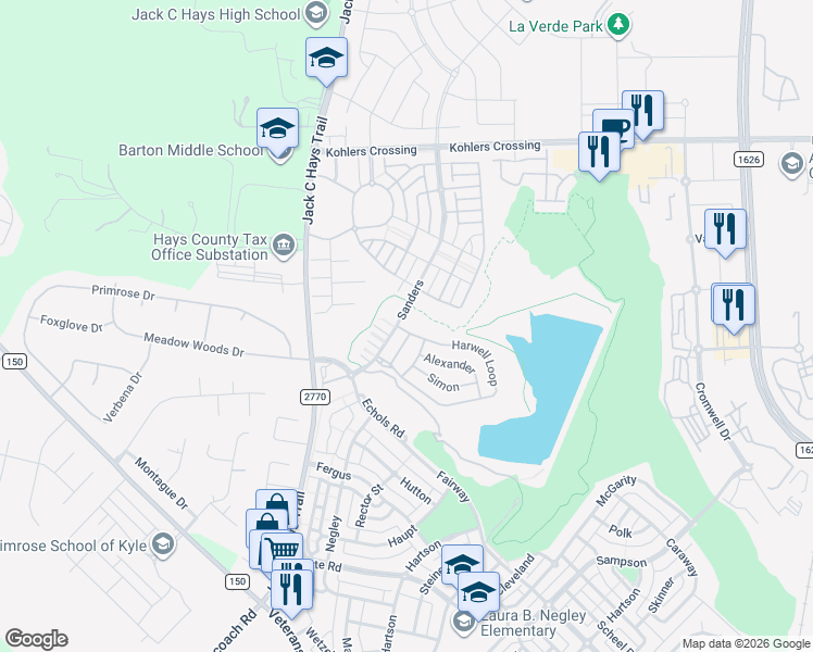 map of restaurants, bars, coffee shops, grocery stores, and more near 1481 Kirby in Kyle
