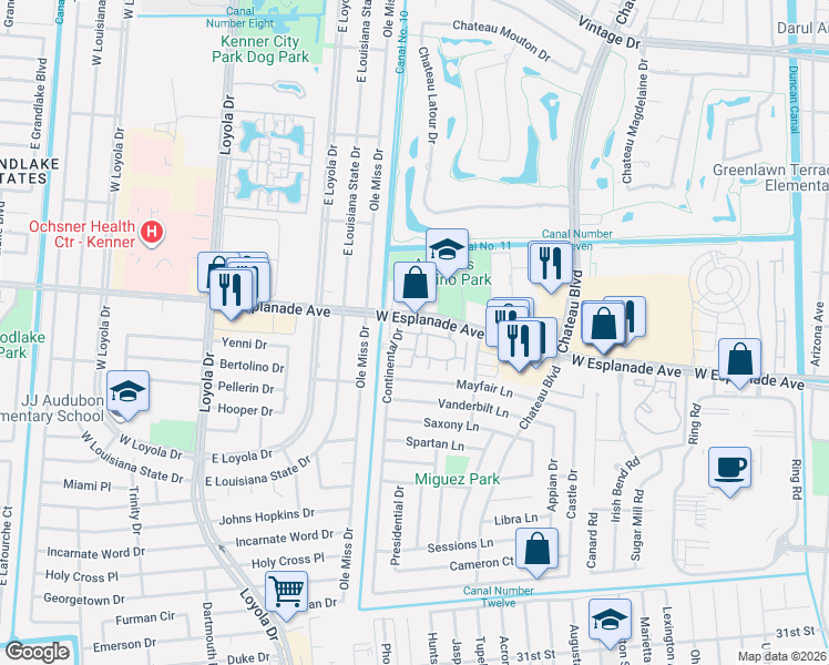 map of restaurants, bars, coffee shops, grocery stores, and more near 600 West Esplanade Avenue in Kenner