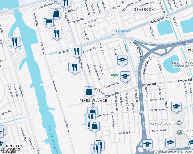 map of restaurants, bars, coffee shops, grocery stores, and more near 6046 Pines Boulevard in New Orleans