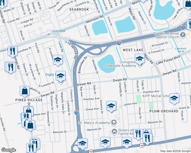 map of restaurants, bars, coffee shops, grocery stores, and more near 6671 Coveview Court in New Orleans