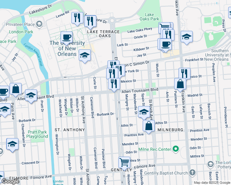 map of restaurants, bars, coffee shops, grocery stores, and more near Elysian Fields Ave & Robert E Lee Blvd in New Orleans