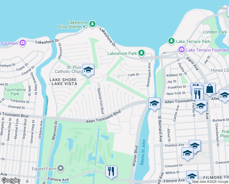 map of restaurants, bars, coffee shops, grocery stores, and more near 55 Gull Street in New Orleans