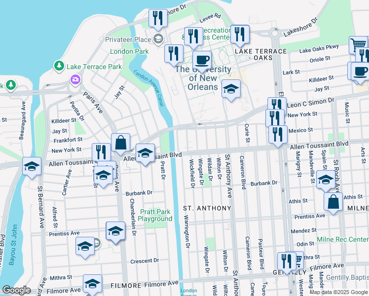 map of restaurants, bars, coffee shops, grocery stores, and more near 6225 Warrington Drive in New Orleans
