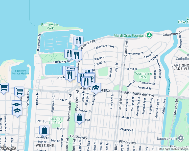 map of restaurants, bars, coffee shops, grocery stores, and more near 322 Jewel Street in New Orleans