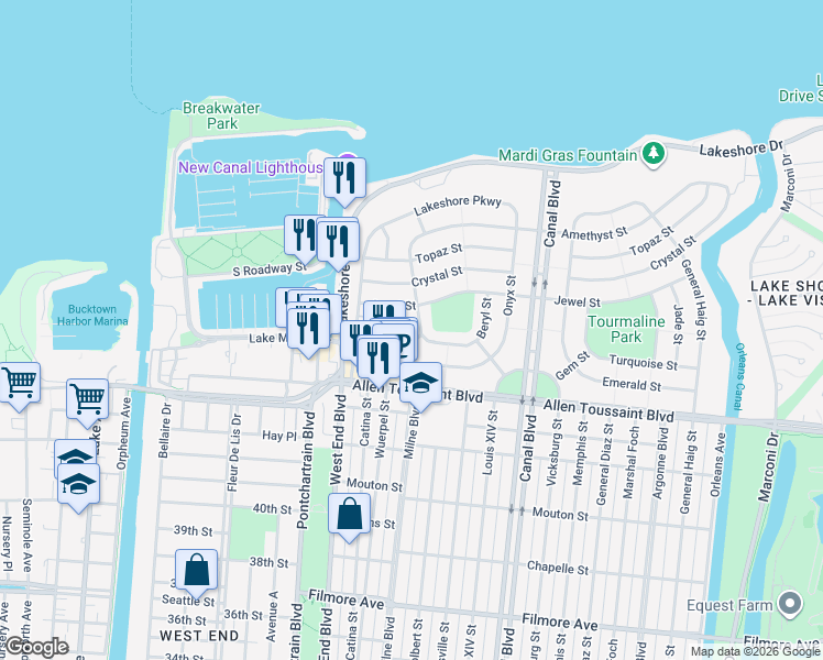 map of restaurants, bars, coffee shops, grocery stores, and more near 322 Jewel Street in New Orleans