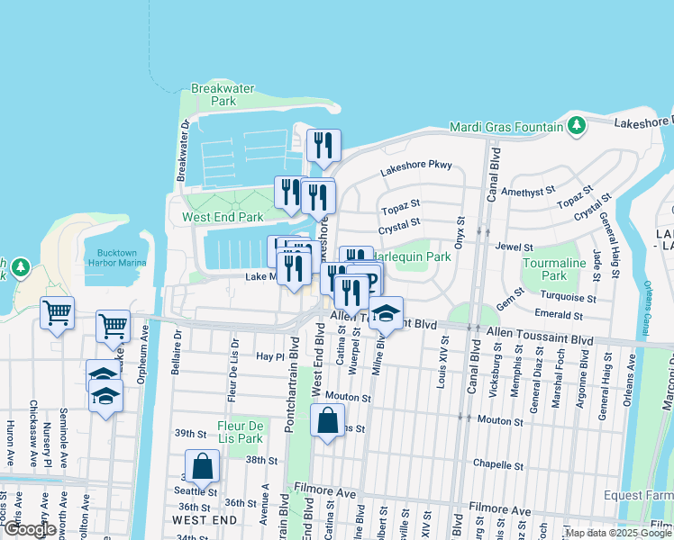 map of restaurants, bars, coffee shops, grocery stores, and more near 208 Jewel Street in New Orleans