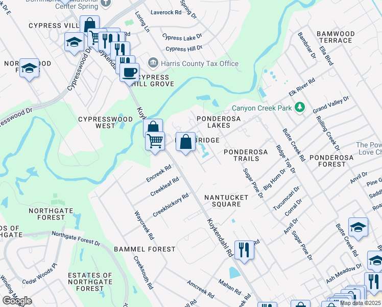 map of restaurants, bars, coffee shops, grocery stores, and more near 16924 Kuykendahl Road in Houston