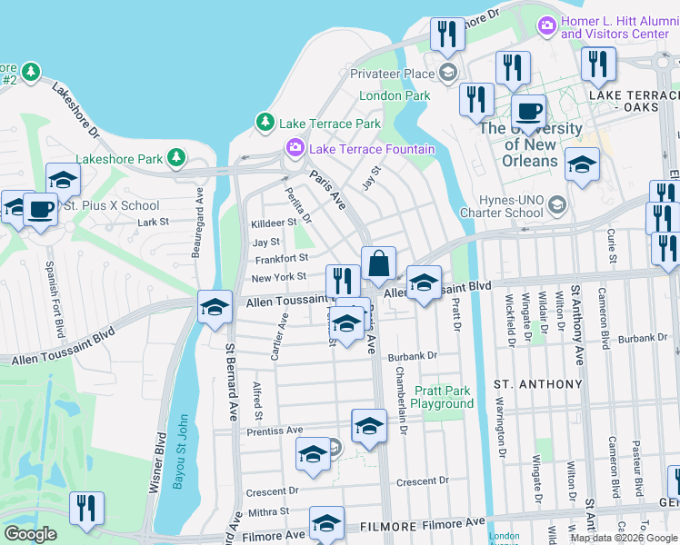 map of restaurants, bars, coffee shops, grocery stores, and more near 6208 Bertha Drive in New Orleans