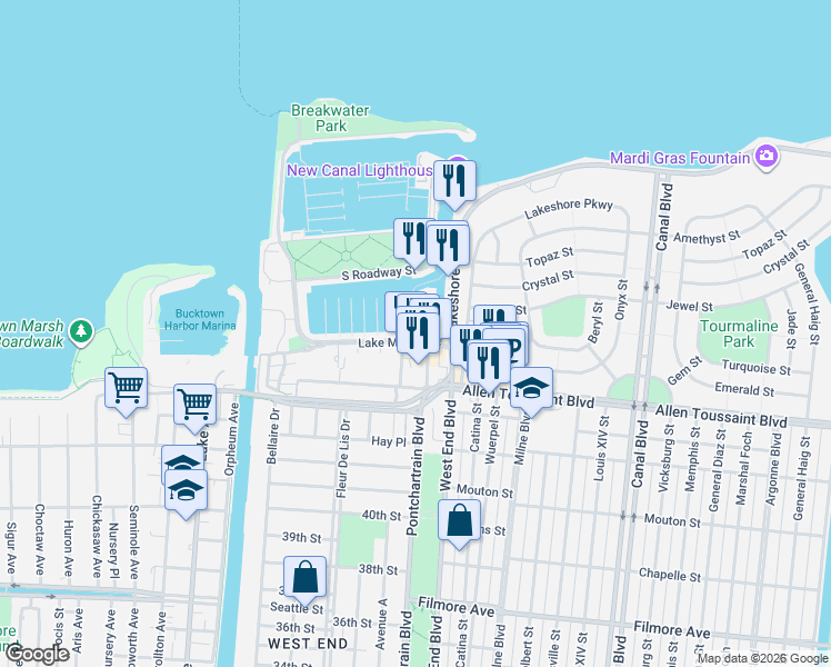 map of restaurants, bars, coffee shops, grocery stores, and more near 8600 Pontchartrain Boulevard in New Orleans