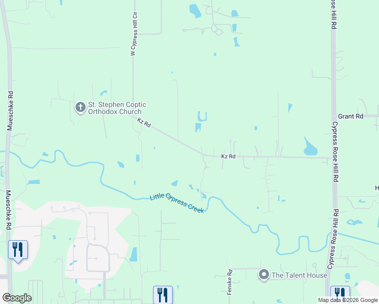 map of restaurants, bars, coffee shops, grocery stores, and more near 18634-18662 Kz Road in Cypress