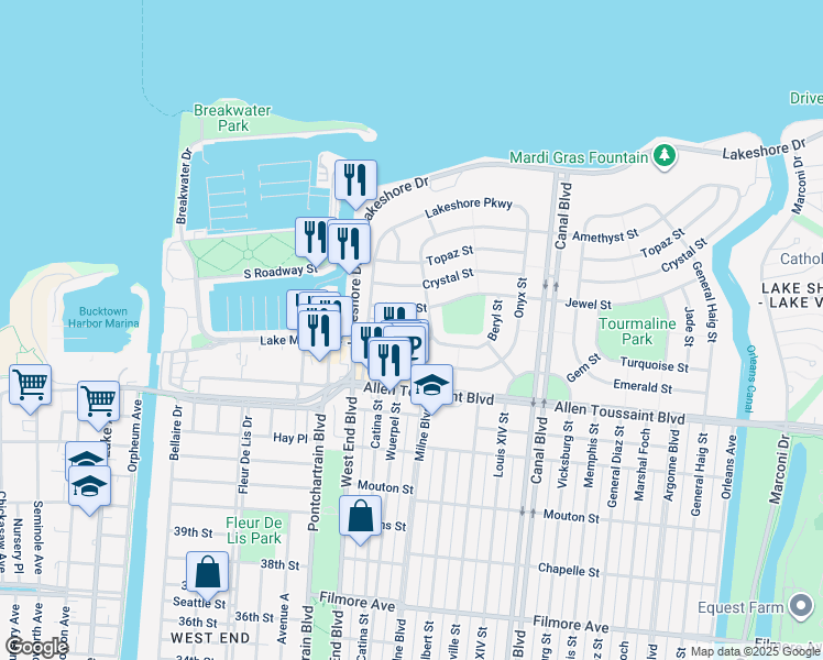 map of restaurants, bars, coffee shops, grocery stores, and more near 322 Jewel Street in New Orleans