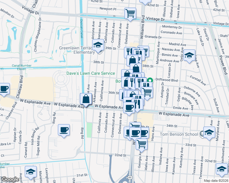 map of restaurants, bars, coffee shops, grocery stores, and more near 3608 Colorado Avenue in Kenner