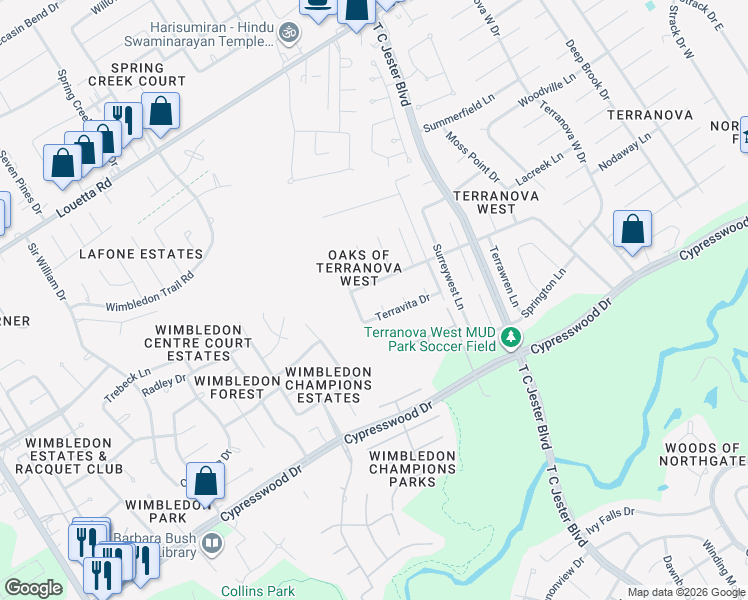 map of restaurants, bars, coffee shops, grocery stores, and more near 6103 Glenmere Lane in Spring