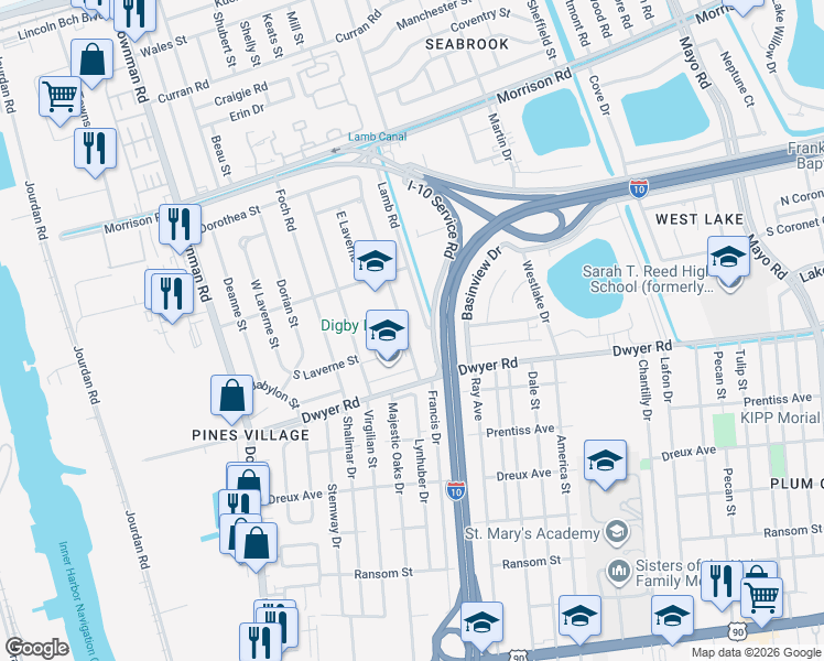 map of restaurants, bars, coffee shops, grocery stores, and more near 6622 Lamb Road in New Orleans