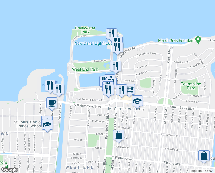 map of restaurants, bars, coffee shops, grocery stores, and more near 8600 Pontchartrain Boulevard in New Orleans