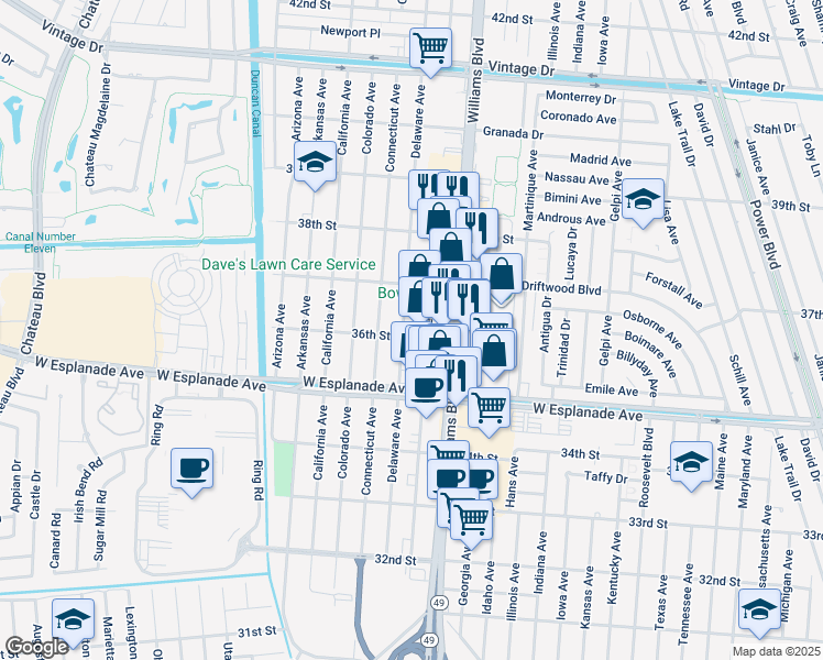 map of restaurants, bars, coffee shops, grocery stores, and more near 3617 Delaware Avenue in Kenner
