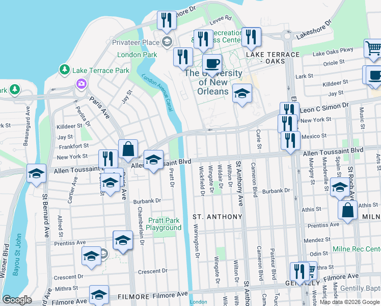 map of restaurants, bars, coffee shops, grocery stores, and more near 6217 London Drive in New Orleans