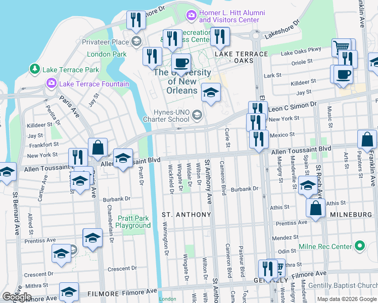 map of restaurants, bars, coffee shops, grocery stores, and more near 6207 Wainwright Drive in New Orleans