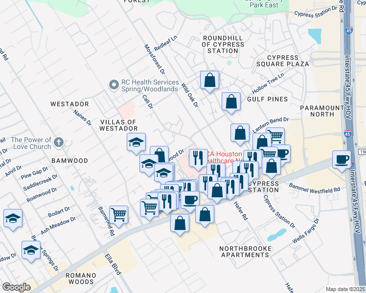 map of restaurants, bars, coffee shops, grocery stores, and more near 800 Peakwood Drive in Houston