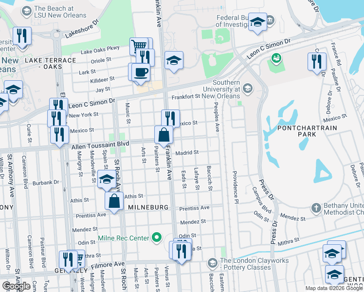 map of restaurants, bars, coffee shops, grocery stores, and more near 2626 Robert E Lee Boulevard in New Orleans