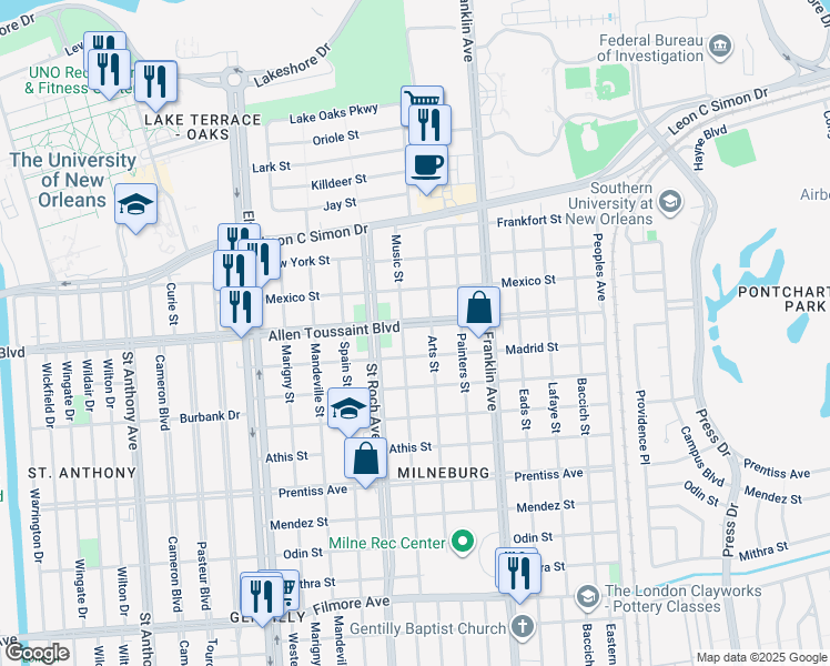 map of restaurants, bars, coffee shops, grocery stores, and more near 2429 Robert E Lee Boulevard in New Orleans