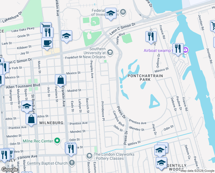 map of restaurants, bars, coffee shops, grocery stores, and more near 6118 Campus Boulevard in New Orleans