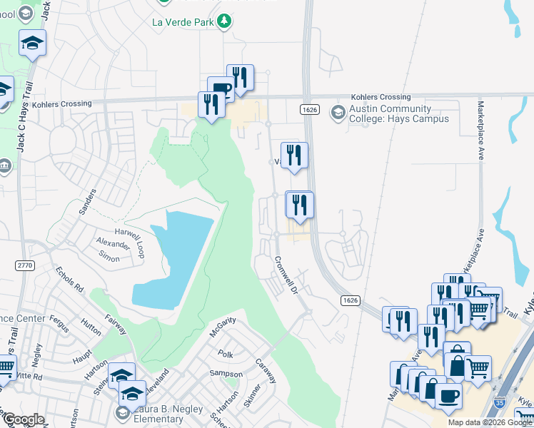 map of restaurants, bars, coffee shops, grocery stores, and more near 4624 Cromwell Drive in Kyle