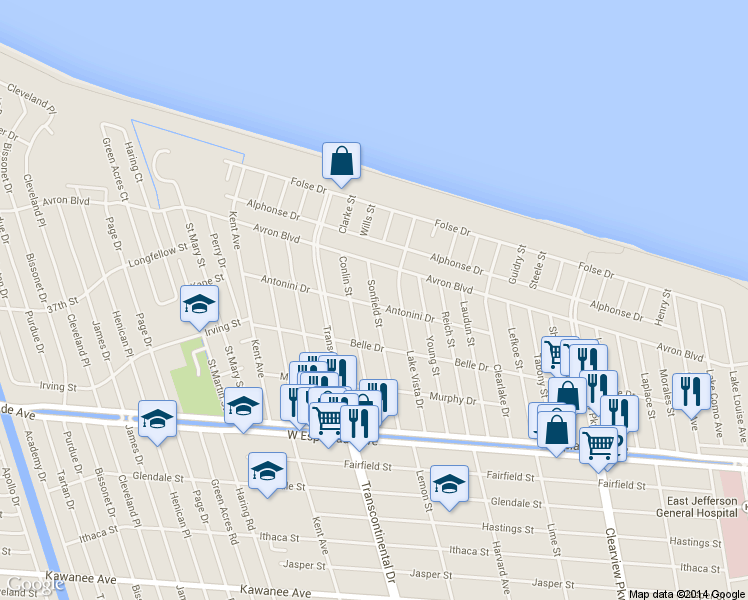 map of restaurants, bars, coffee shops, grocery stores, and more near 4712 Sonfield Street in Metairie