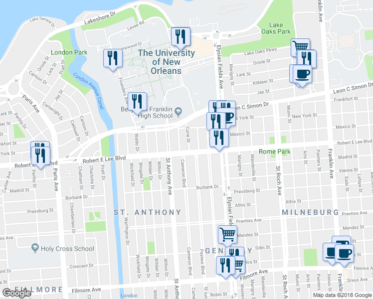 map of restaurants, bars, coffee shops, grocery stores, and more near 6202 Curie Street in New Orleans