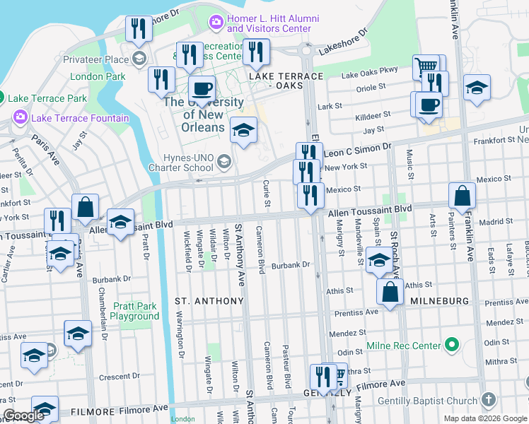 map of restaurants, bars, coffee shops, grocery stores, and more near 6204 Curie Street in New Orleans