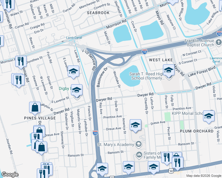 map of restaurants, bars, coffee shops, grocery stores, and more near 6587 Harbourview Drive in New Orleans