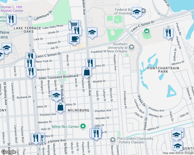 map of restaurants, bars, coffee shops, grocery stores, and more near 2626 Robert E Lee Boulevard in New Orleans