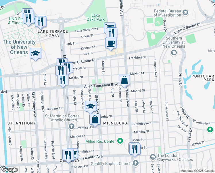map of restaurants, bars, coffee shops, grocery stores, and more near 2429 Robert E Lee Boulevard in New Orleans