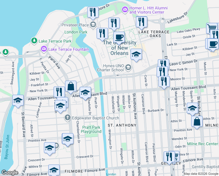 map of restaurants, bars, coffee shops, grocery stores, and more near 6225 Warrington Drive in New Orleans