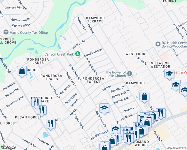 map of restaurants, bars, coffee shops, grocery stores, and more near 1526 Wagon Gap Trail in Houston