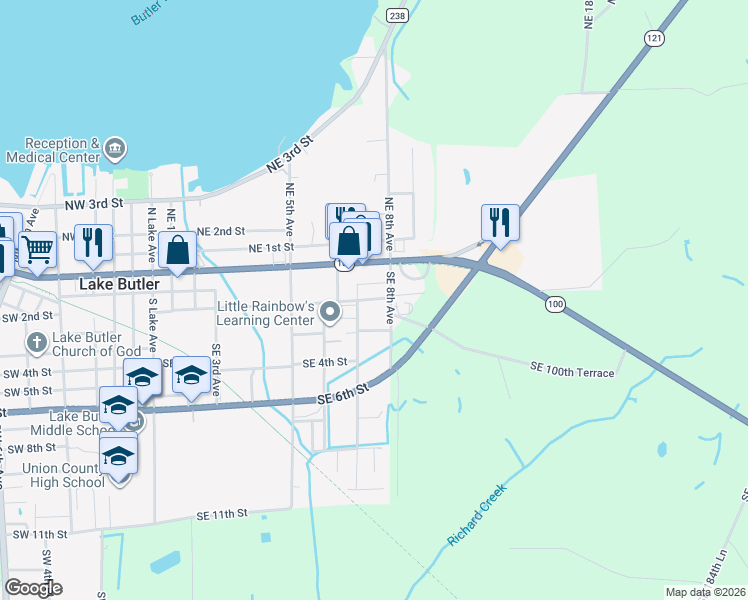 map of restaurants, bars, coffee shops, grocery stores, and more near 10 Southeast 2nd Street in Lake Butler
