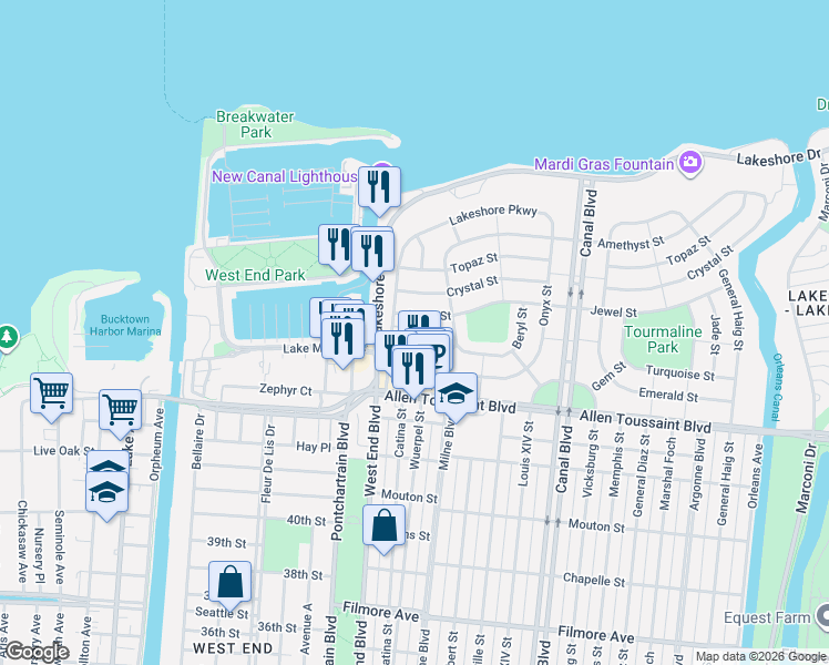 map of restaurants, bars, coffee shops, grocery stores, and more near 208 Jewel Street in New Orleans