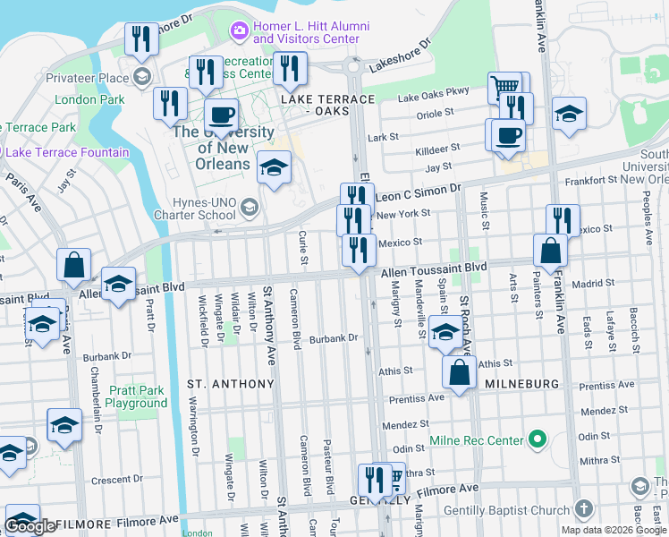 map of restaurants, bars, coffee shops, grocery stores, and more near 6215 Pasteur Boulevard in New Orleans